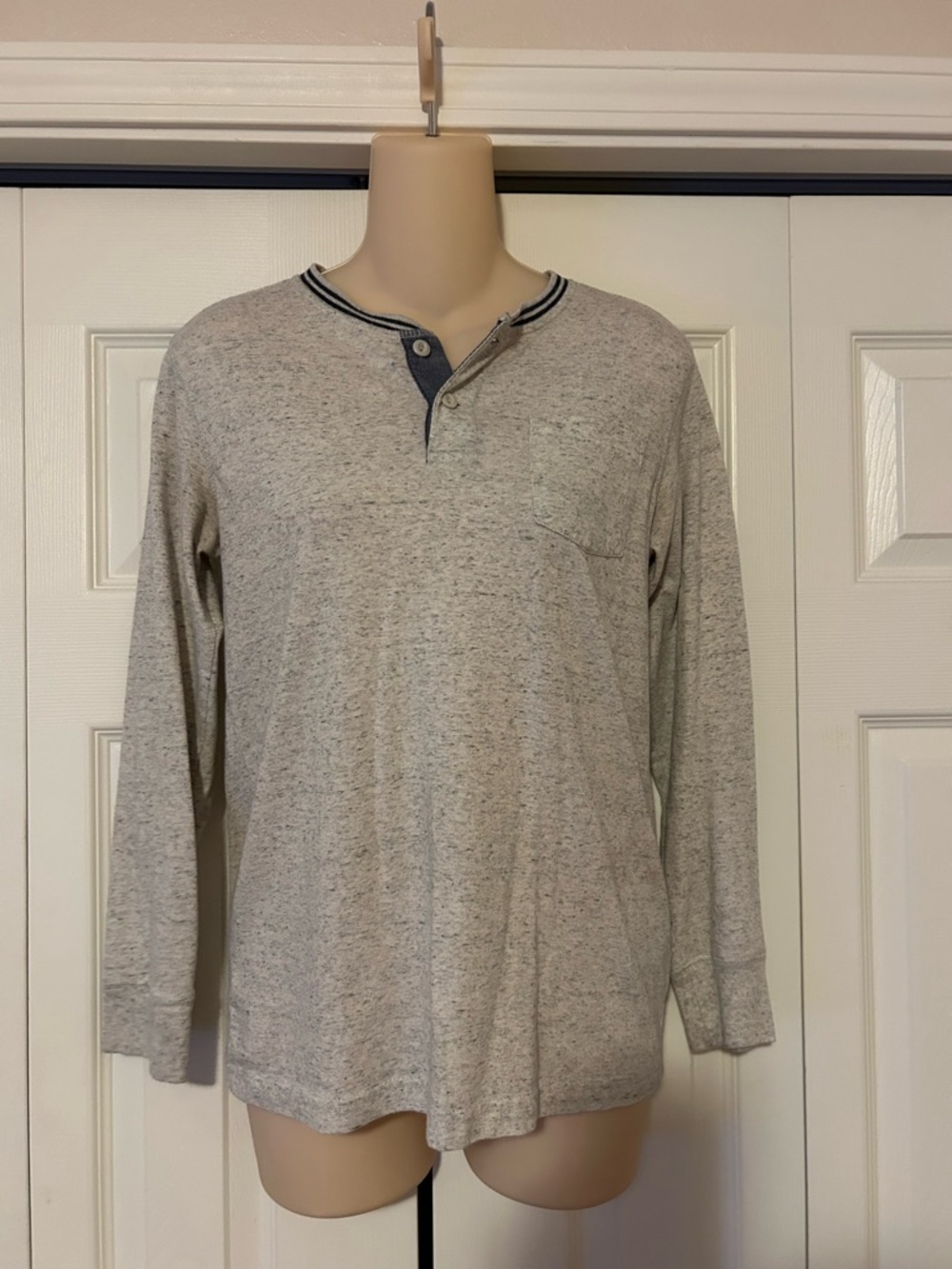 Route 66 Light Gray Long Sleeve Henley with Contrast Placket